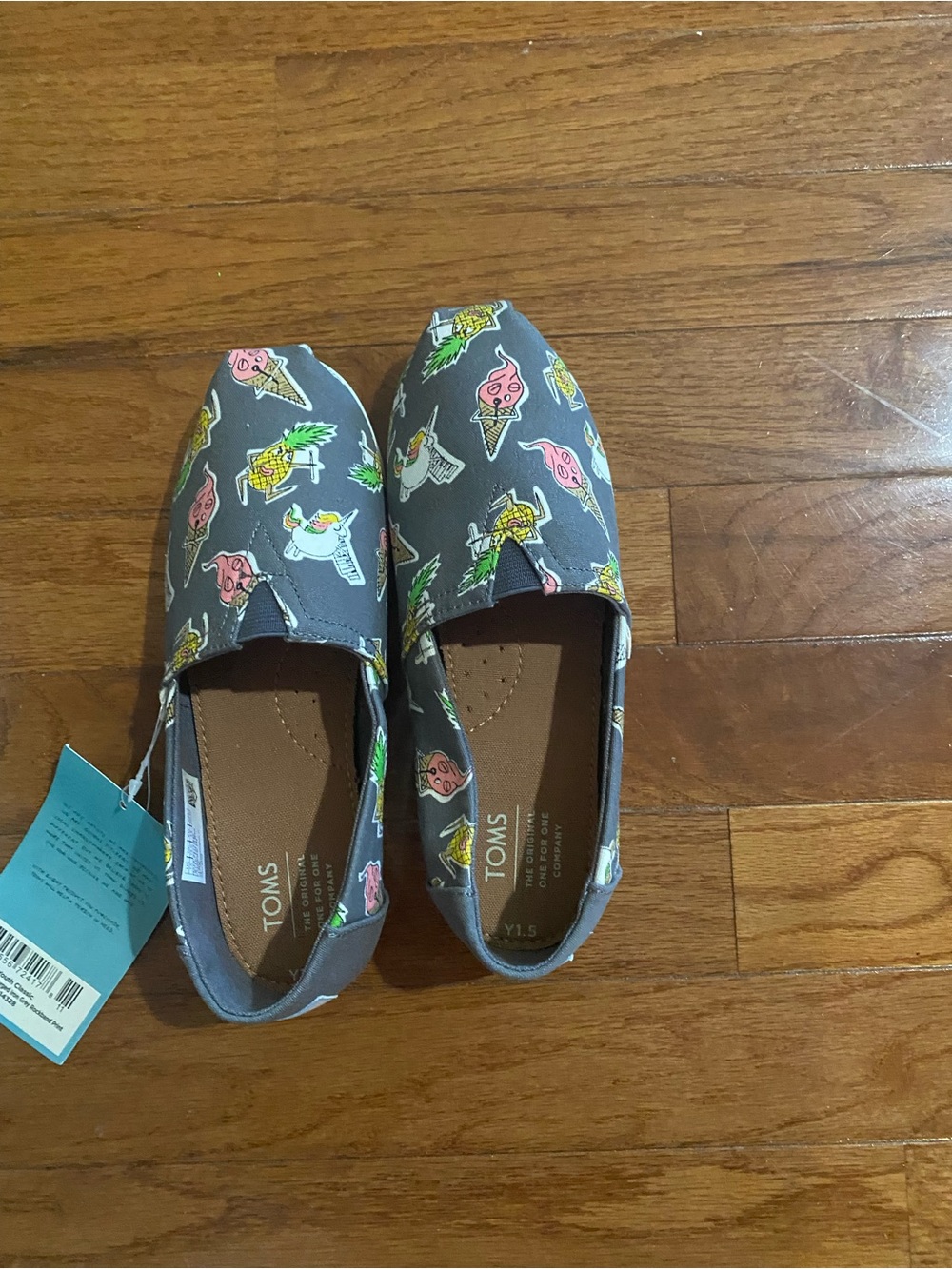 TOMS Kids Grey Slip-On Sneakers with Pink, Yellow & Green Ice Cream Print - NWT